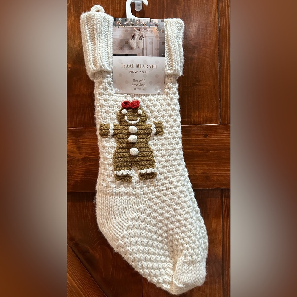 Set of 2 Isaac Mizrahi White Knit Christmas Stockings with Gingerbread Design